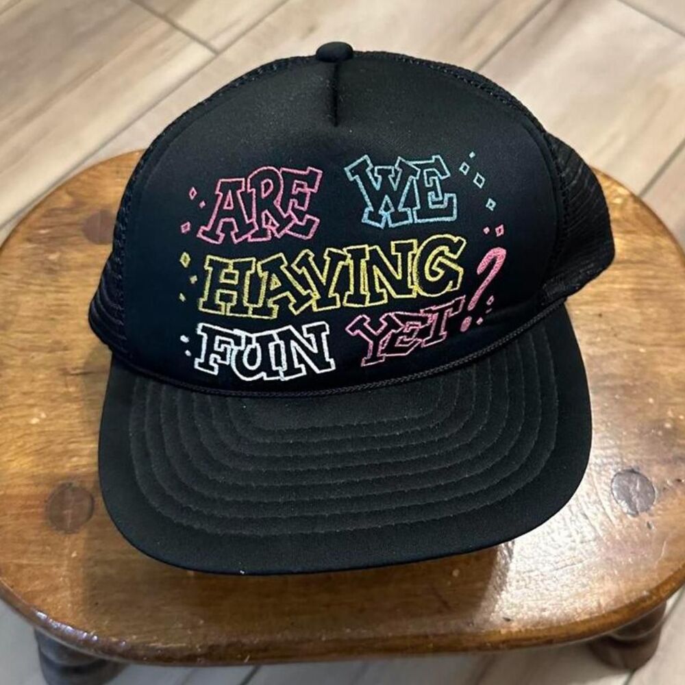 Vintage 90s Are We Having Fun Yet Mesh Snapback Hat Rope Cord